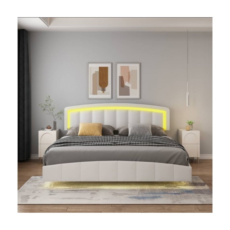 Pat Torino Complet Tapitat Piele Ecologica, Cu Iluminare Led Integrata, Somiera Inclusa, Alb, Fara Saltea Pat Torino Complet Tapitat Piele Ecologica, Cu Iluminare Led Integrata, Somiera Inclusa, Alb, Fara Saltea
