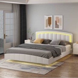 Pat Torino Complet Tapitat Piele Ecologica, Cu Iluminare Led Integrata, Somiera Inclusa, Alb, Fara Saltea