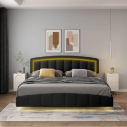 Pat Torino Complet Tapitat Piele Ecologica, Cu Iluminare Led Integrata, Somiera Inclusa, Negru, Fara Saltea