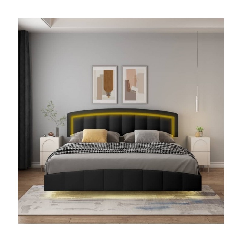 Pat Torino Complet Tapitat Piele Ecologica, Cu Iluminare Led Integrata, Somiera Inclusa, Negru, Fara Saltea Pat Torino Complet Tapitat Piele Ecologica, Cu Iluminare Led Integrata, Somiera Inclusa, Negru, Fara Saltea