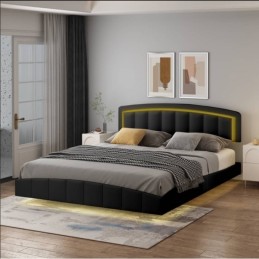 Pat Torino Complet Tapitat Piele Ecologica, Cu Iluminare Led Integrata, Somiera Inclusa, Negru, Fara Saltea