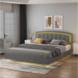 Pat Torino Complet Tapitat Piele Ecologica, Cu Iluminare Led Integrata, Somiera Inclusa, Negru, Fara Saltea