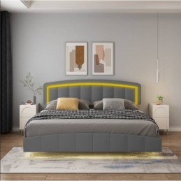 Pat Torino Complet Tapitat Piele Ecologica, Cu Iluminare Led Integrata, Somiera Inclusa, Negru, Fara Saltea