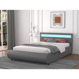 Pat DELTA Complet Tapitat Piele Ecologica, Cu Iluminare Led Integrata, Somiera Inclusa, Gri, Fara Saltea