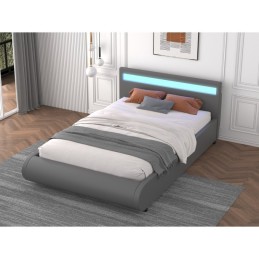 Pat DELTA Complet Tapitat Piele Ecologica, Cu Iluminare Led Integrata, Somiera Inclusa, Gri, Fara Saltea