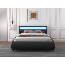 Pat DELTA Complet Tapitat Piele Ecologica, Cu Iluminare Led Integrata, Somiera Inclusa, Negru, Fara Saltea