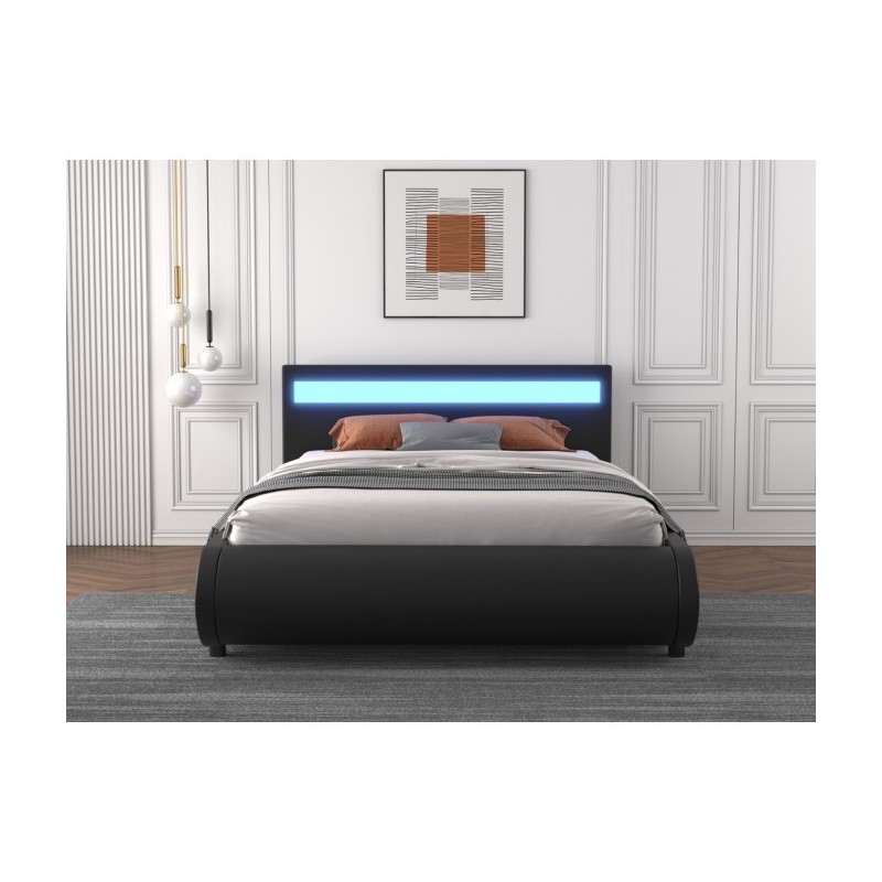 Pat DELTA Complet Tapitat Piele Ecologica, Cu Iluminare Led Integrata, Somiera Inclusa, Negru, Fara Saltea Pat DELTA Complet Tapitat Piele Ecologica, Cu Iluminare Led Integrata, Somiera Inclusa, Negru, Fara Saltea
