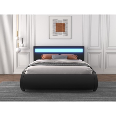 Pat DELTA Complet Tapitat Piele Ecologica, Cu Iluminare Led Integrata, Somiera Inclusa, Negru, Fara Saltea