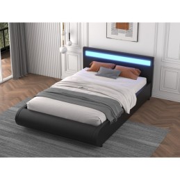 Pat DELTA Complet Tapitat Piele Ecologica, Cu Iluminare Led Integrata, Somiera Inclusa, Negru, Fara Saltea